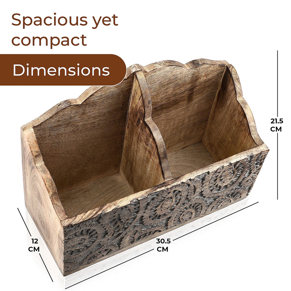Wooden Carved Caddy with Handle - Decorative Storage Organizer (30.5x21.5x12cm)
