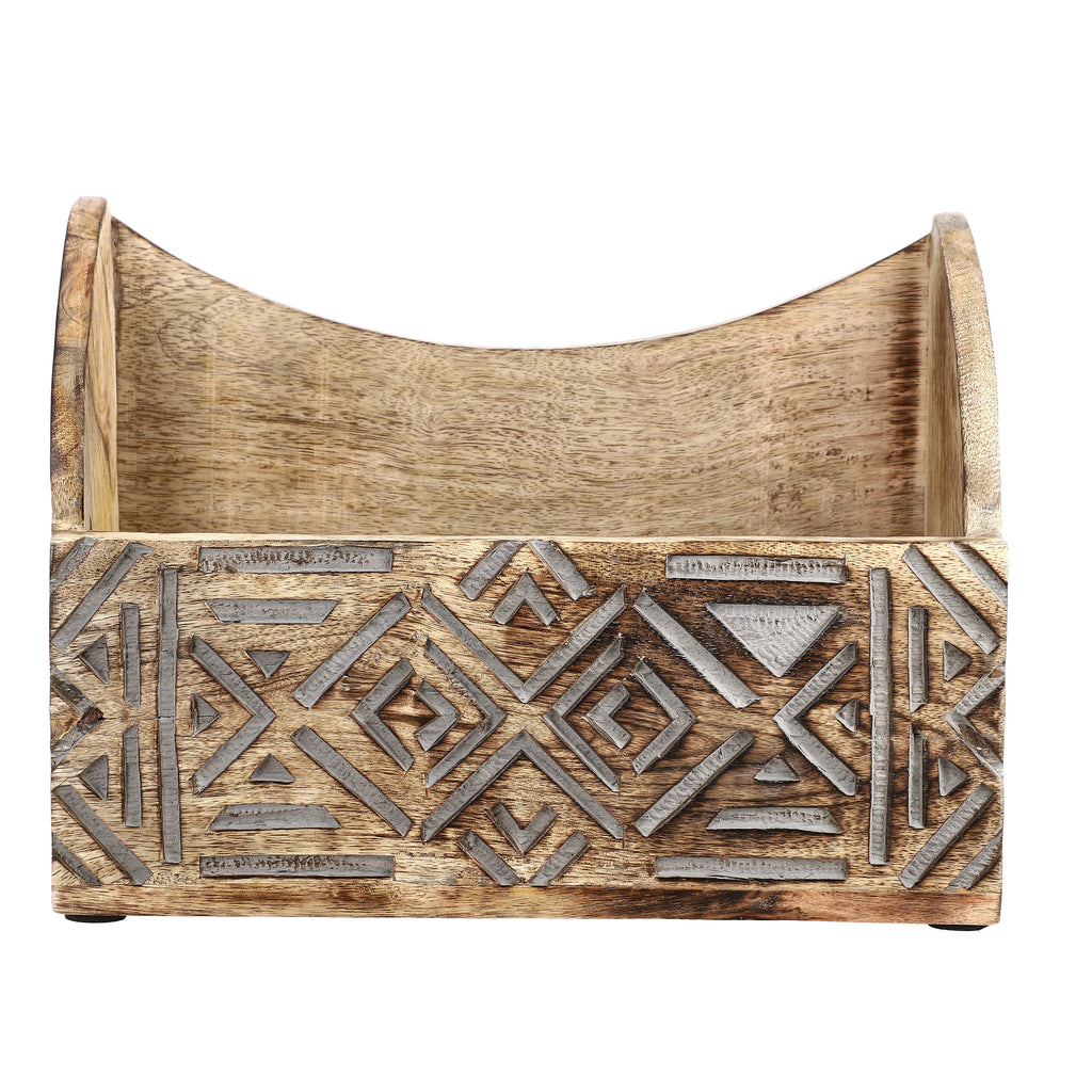 Wooden Carved Geometric Caddy with Handle - Rustic Storage Organizer (30.5x22x13cm)