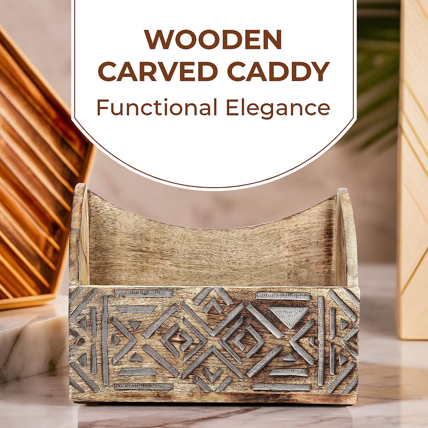 Wooden Carved Geometric Caddy with Handle - Rustic Storage Organizer (30.5x22x13cm)