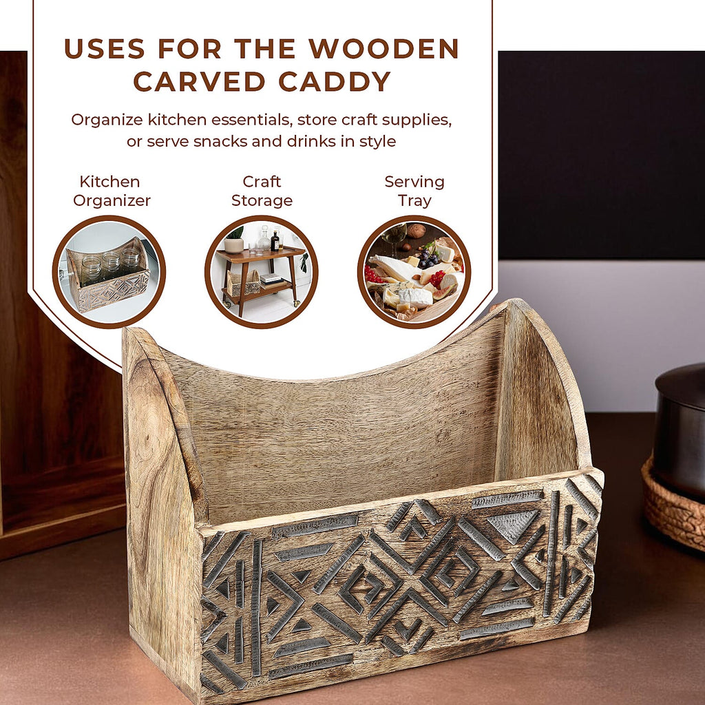 Wooden Carved Geometric Caddy with Handle - Rustic Storage Organizer (30.5x22x13cm)