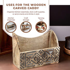 Wooden Carved Geometric Caddy with Handle - Rustic Storage Organizer (30.5x22x13cm)