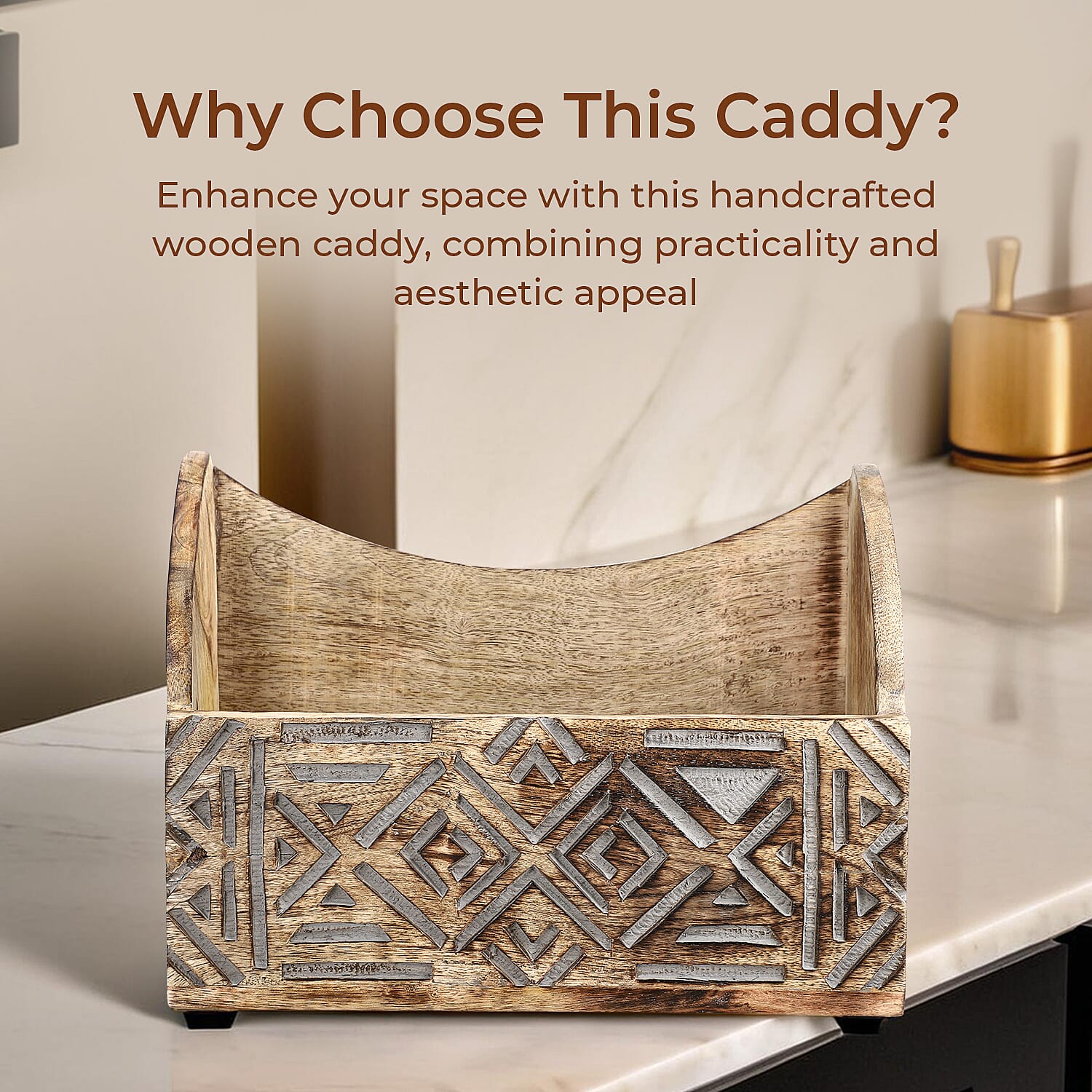 Wooden Carved Geometric Caddy with Handle - Rustic Storage Organizer (30.5x22x13cm)