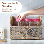 Wooden Carved Geometric Caddy with Handle - Rustic Storage Organizer (30.5x22x13cm)