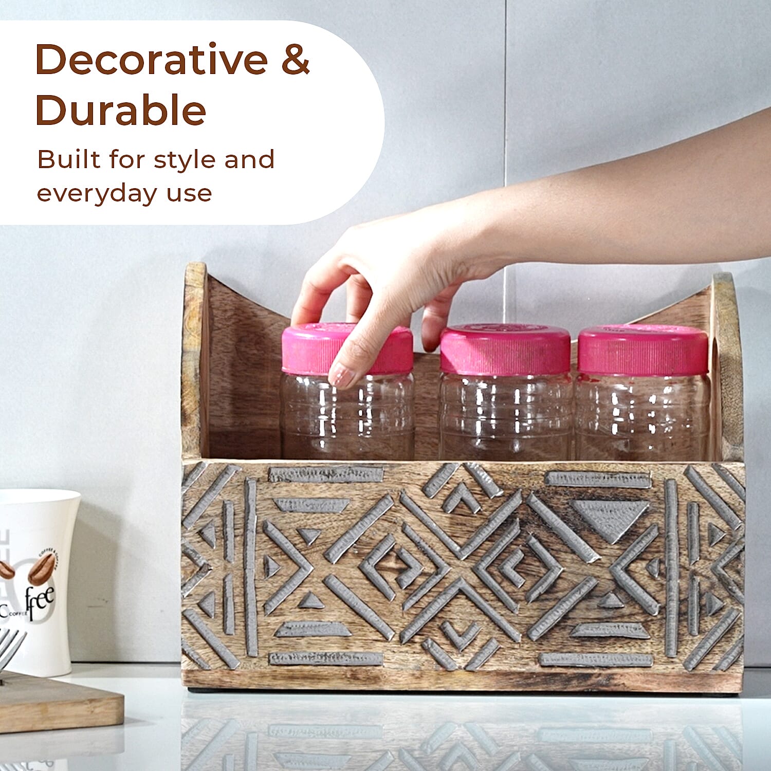 Wooden Carved Geometric Caddy with Handle - Rustic Storage Organizer (30.5x22x13cm)