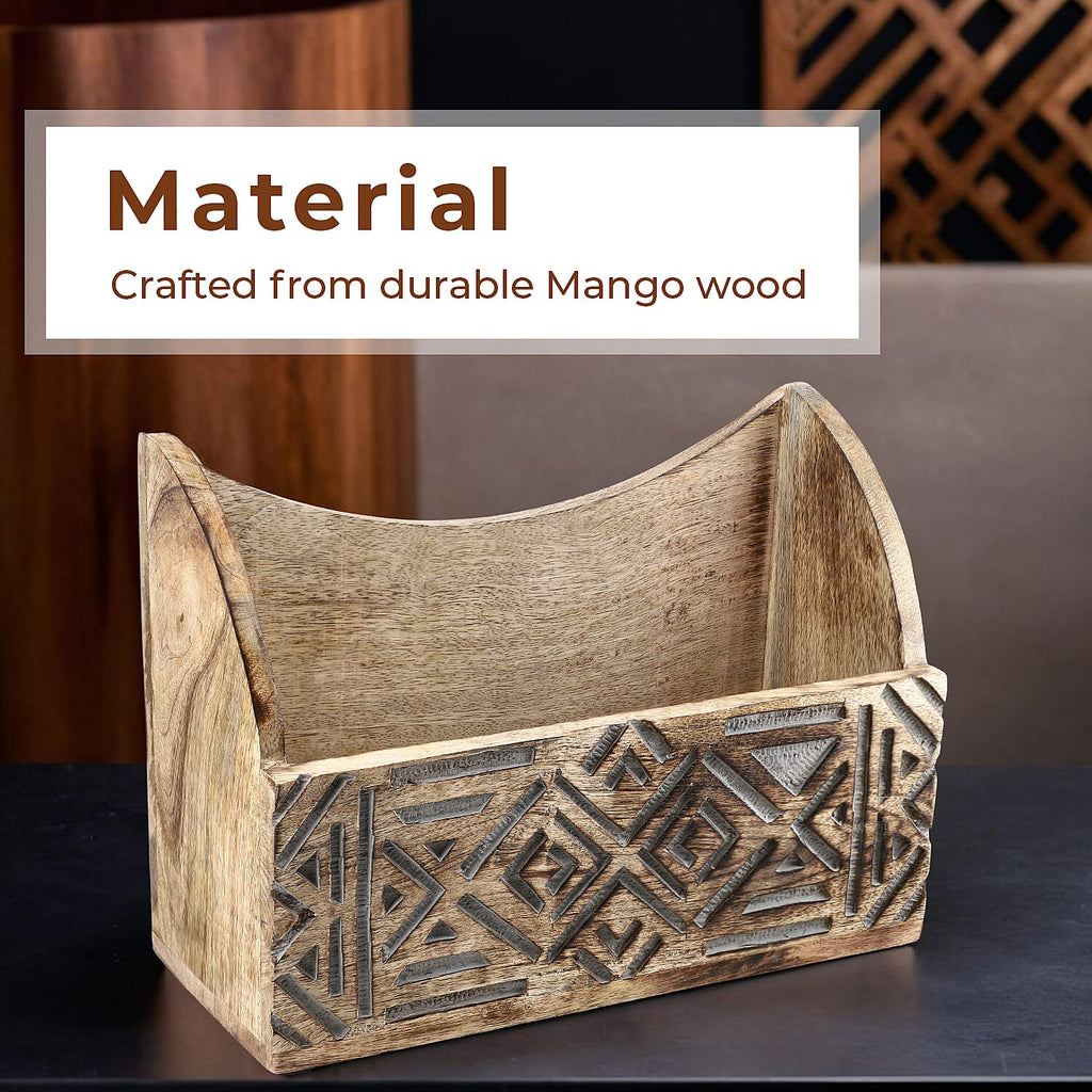 Wooden Carved Geometric Caddy with Handle - Rustic Storage Organizer (30.5x22x13cm)