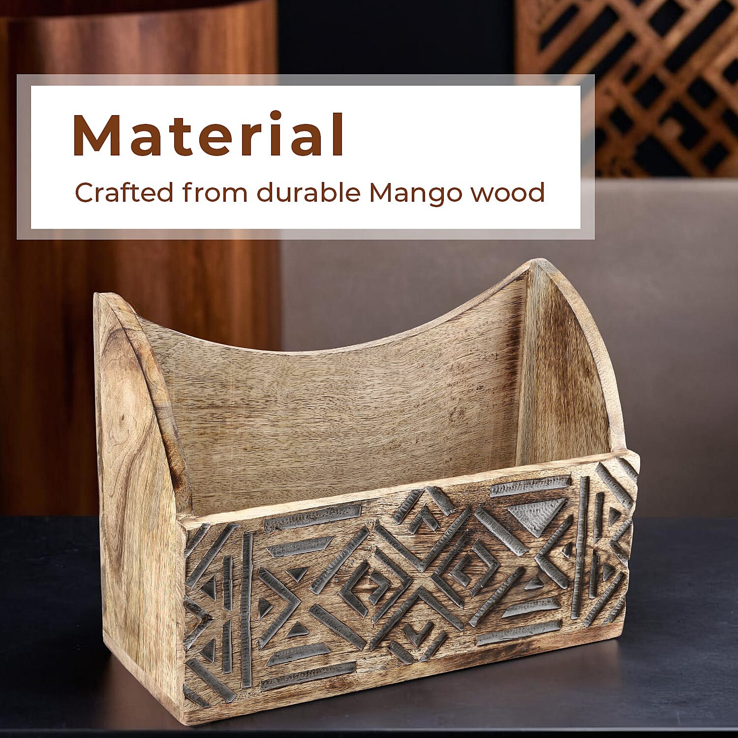 Wooden Carved Geometric Caddy with Handle - Rustic Storage Organizer (30.5x22x13cm)