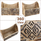 Wooden Carved Geometric Caddy with Handle - Rustic Storage Organizer (30.5x22x13cm)