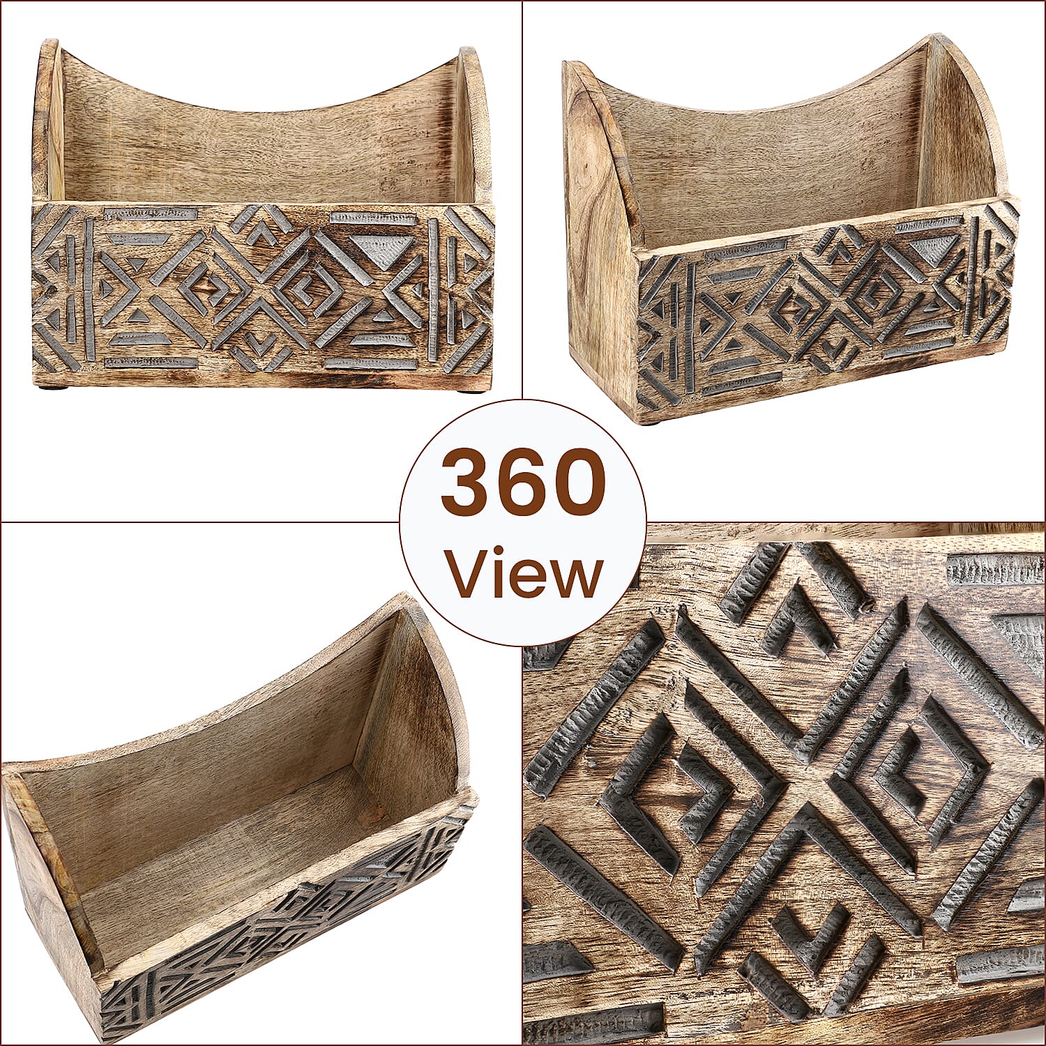 Wooden Carved Geometric Caddy with Handle - Rustic Storage Organizer (30.5x22x13cm)