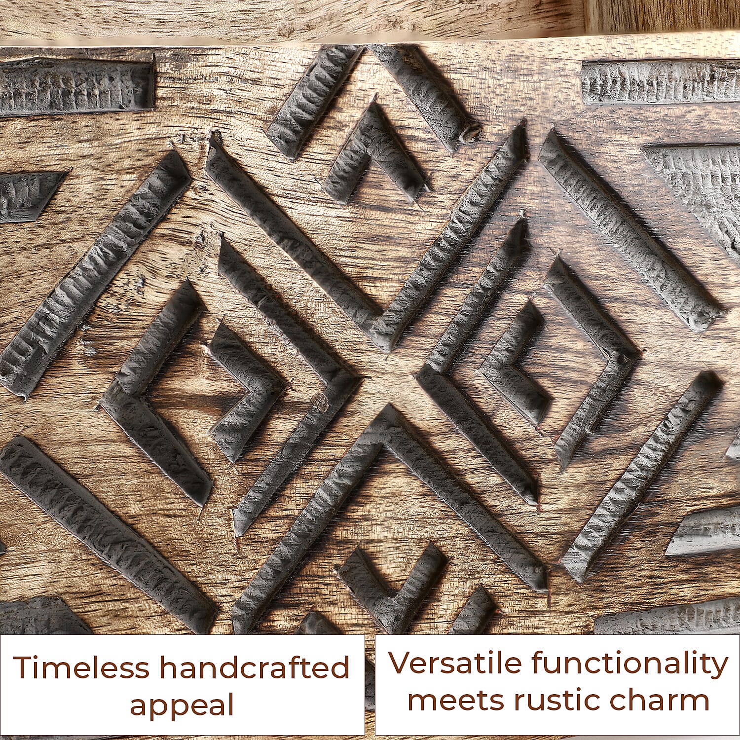 Wooden Carved Geometric Caddy with Handle - Rustic Storage Organizer (30.5x22x13cm)