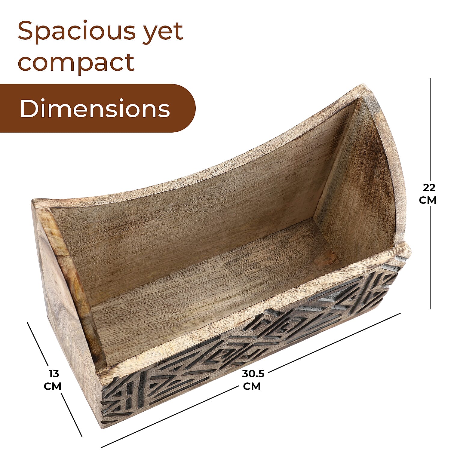 Wooden Carved Geometric Caddy with Handle - Rustic Storage Organizer (30.5x22x13cm)