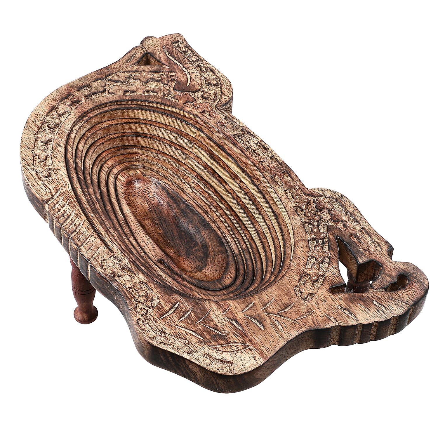 Elephant Shape Hand Carved Wooden Spring Tray with Small Legs  (36x19.5x9.5cm) - Antique Brown