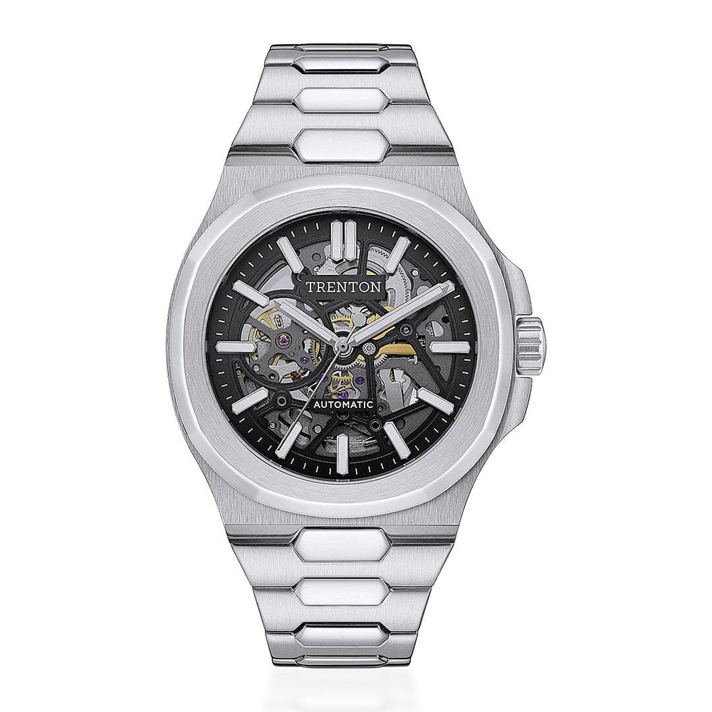 Trenton Watch Co. The Catalina Automatic 44.5mm Watch - 5ATM, Mineral Glass, Skeleton Dial and Stainless Steel Bracelet - With Lifetime Warranty
