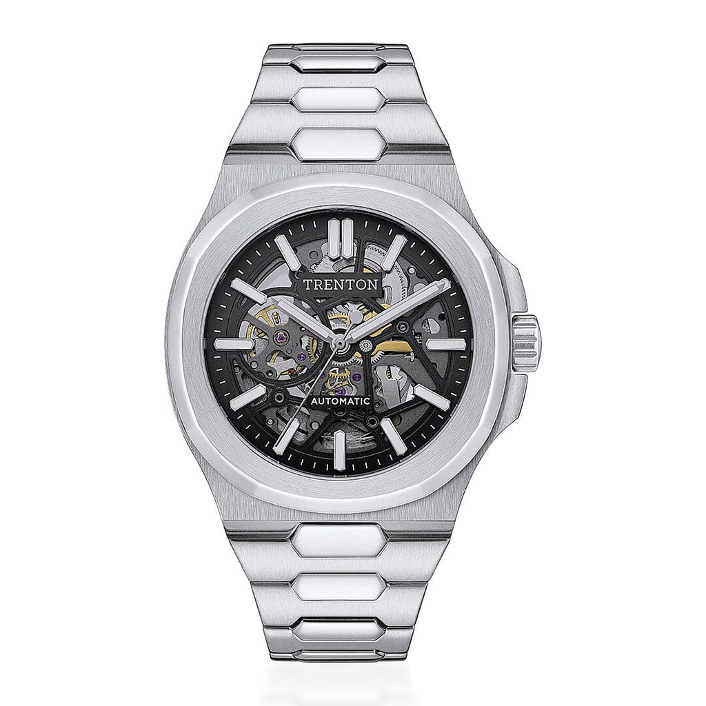Trenton Watch Co. The Catalina Automatic 44.5mm Watch - 5ATM, Mineral Glass, Skeleton Dial and Stainless Steel Bracelet - With Lifetime Warranty