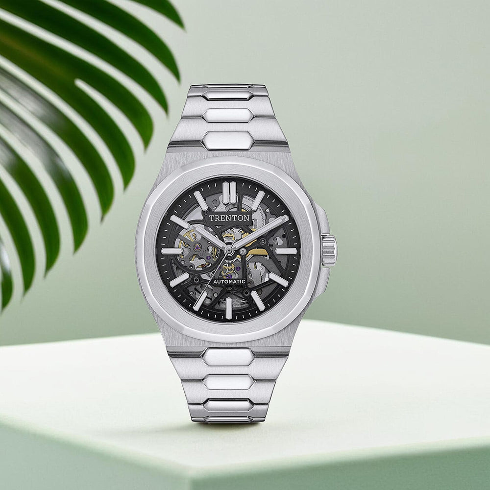Trenton Watch Co. The Catalina Automatic 44.5mm Watch - 5ATM, Mineral Glass, Skeleton Dial and Stainless Steel Bracelet - With Lifetime Warranty