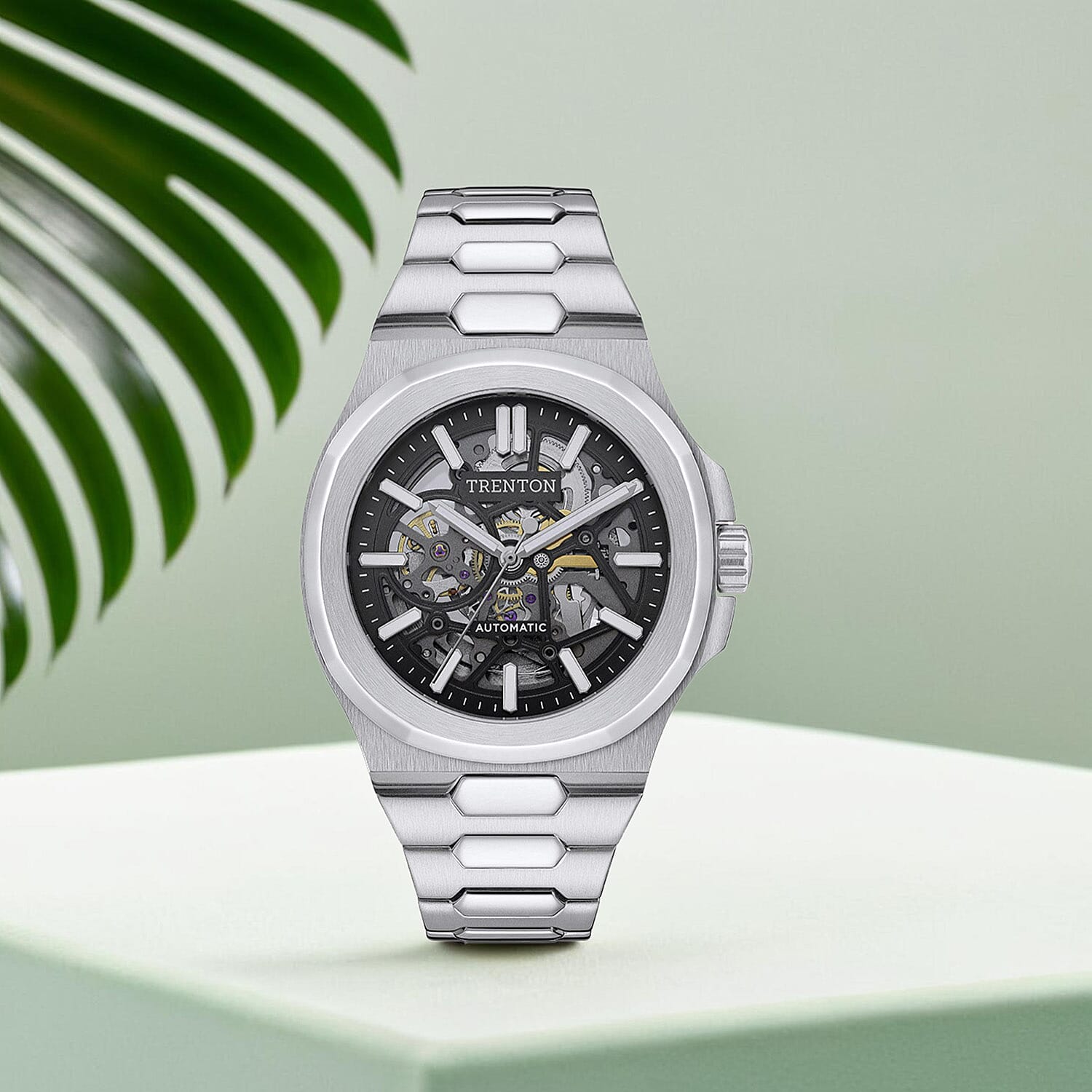 Trenton Watch Co. The Catalina Automatic 44.5mm Watch - 5ATM, Mineral Glass, Skeleton Dial and Stainless Steel Bracelet - With Lifetime Warranty