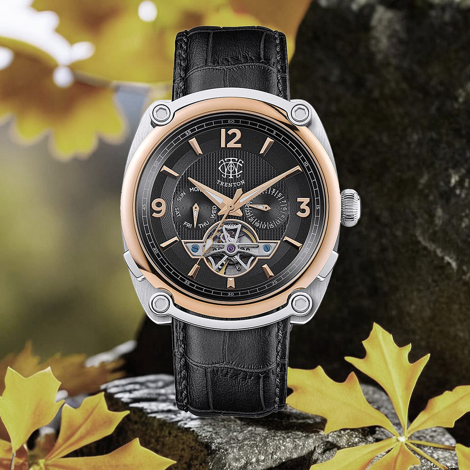 Mens Trenton The Michigan Open Heart Automatic Watch with a Black Leather Strap