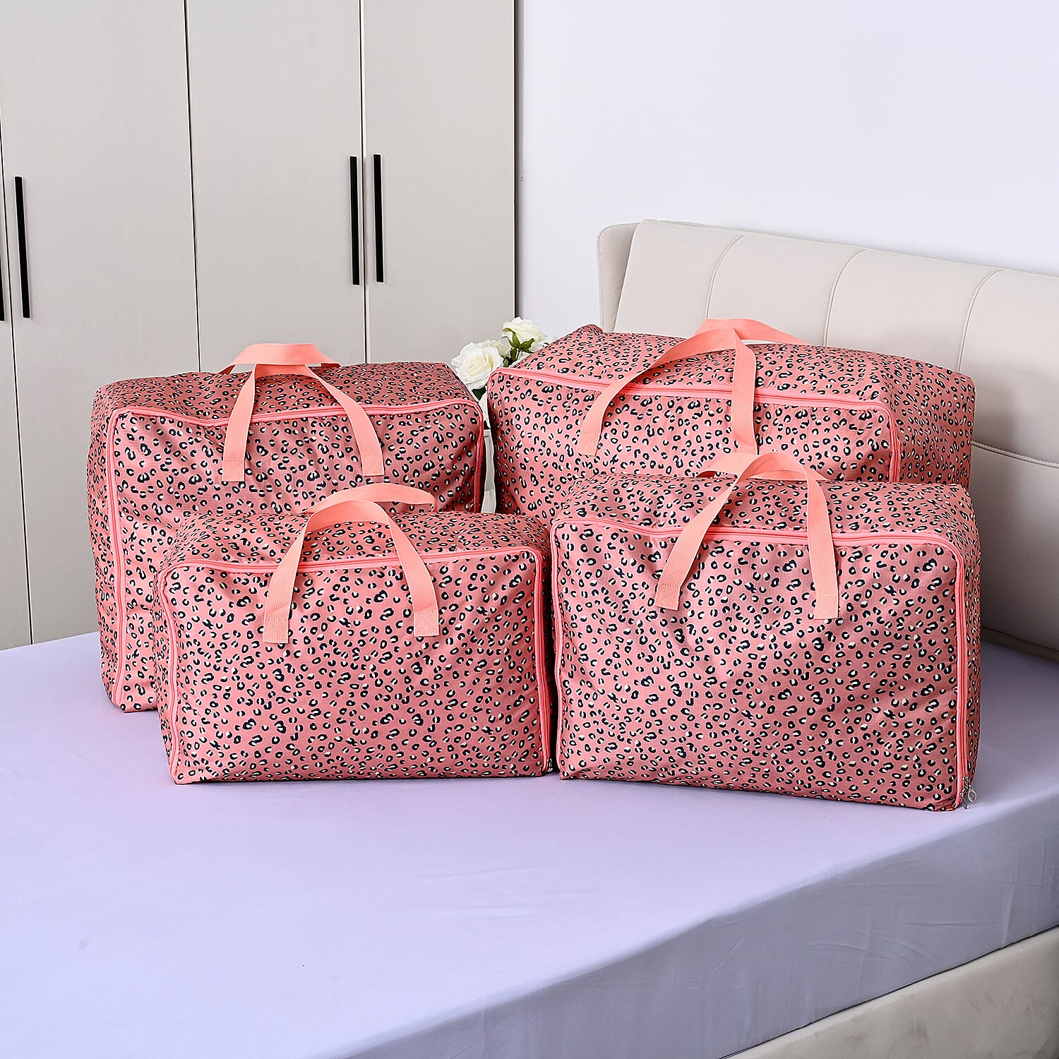 Set of 4 - Leopard Print Storage Bag - Pink