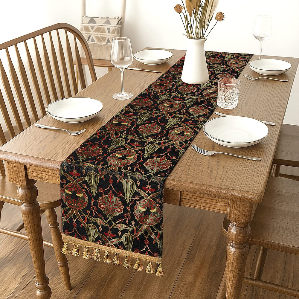 Turkish Table Runner with Tassels (Size 175x49 cm) - Black