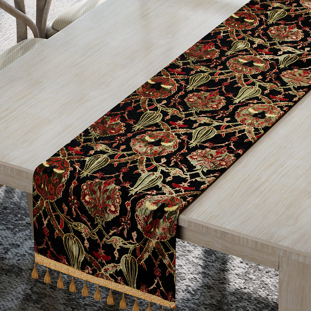 Turkish Table Runner with Tassels (Size 175x49 cm) - Black