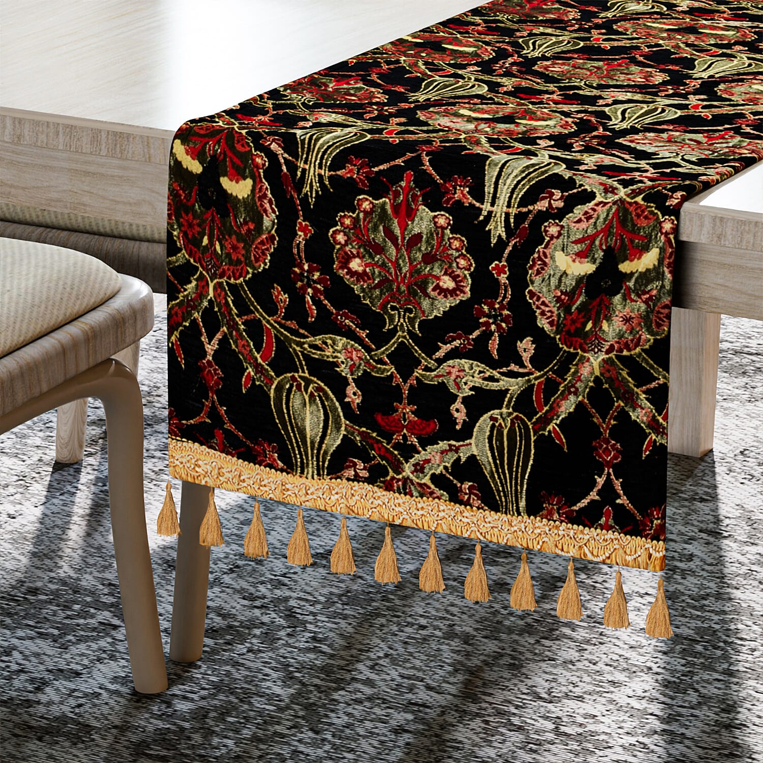 Turkish Table Runner with Tassels (Size 175x49 cm) - Black