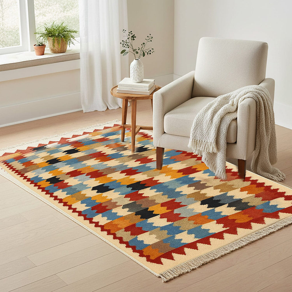 Turkish Kilim Patterned Rug (Size 80x125 cm) - Red & Beige