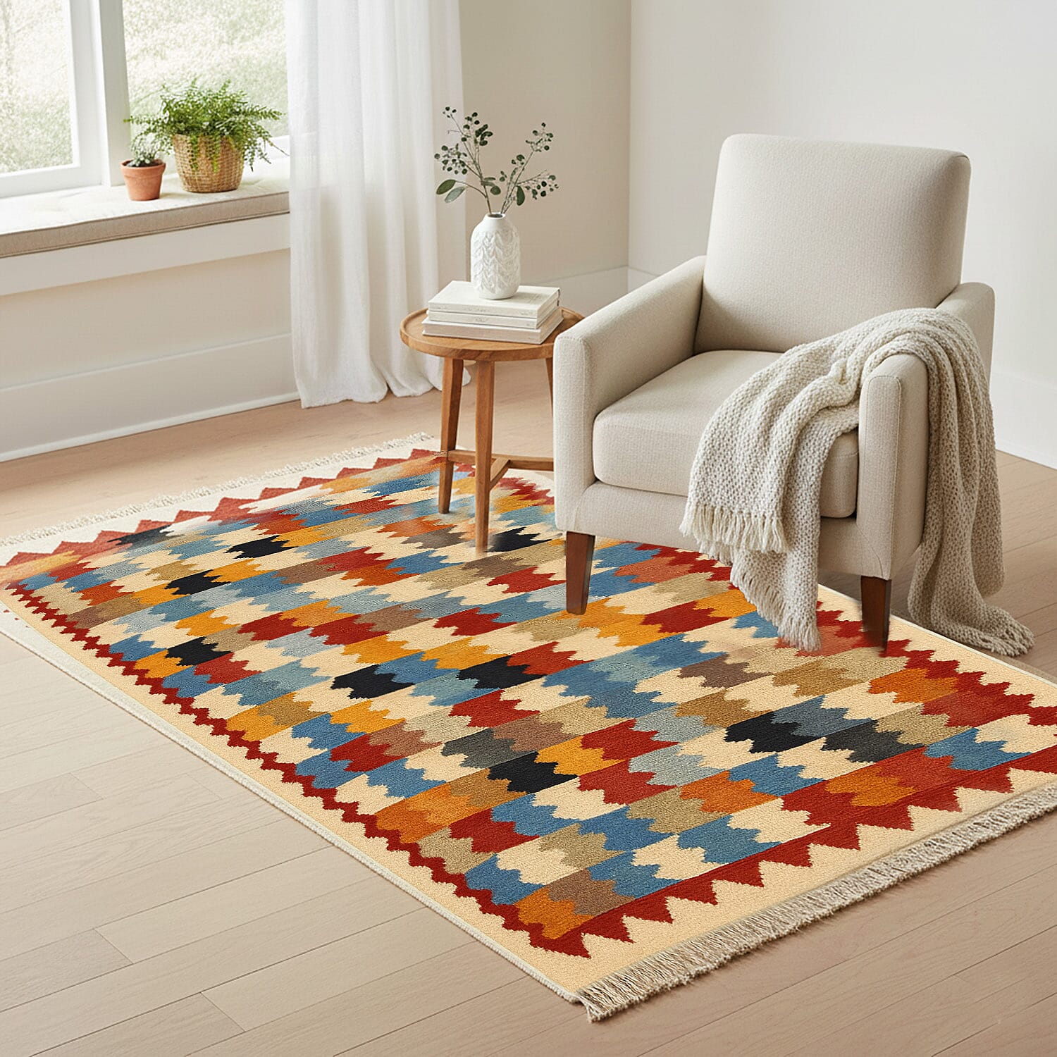 Turkish Kilim Patterned Rug (Size 80x125 cm) - Red & Beige