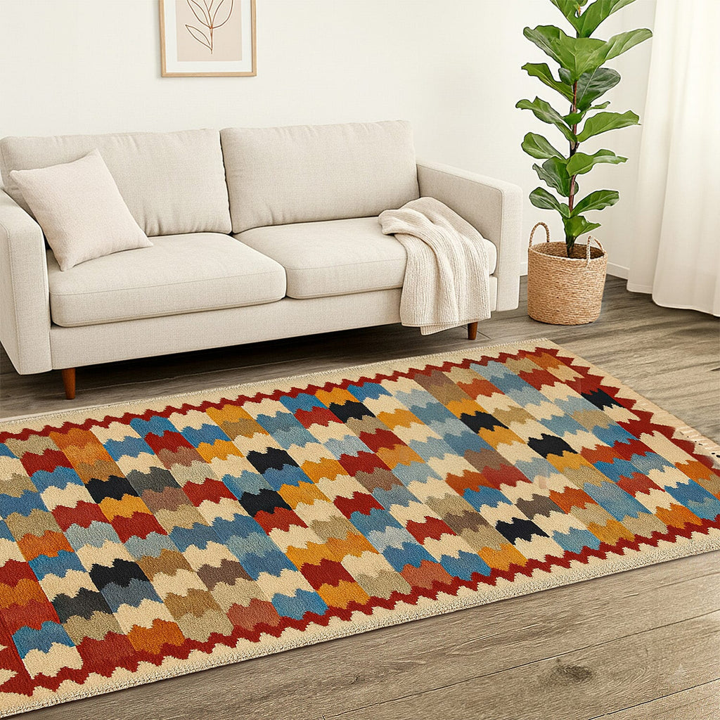 Turkish Kilim Patterned Rug (Size 80x125 cm) - Red & Beige