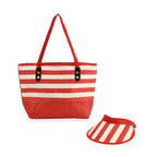 Two-Piece Set - Beach Ready Nautical Style Striped Tote Bag - Hallow Top Sun Hat - Red