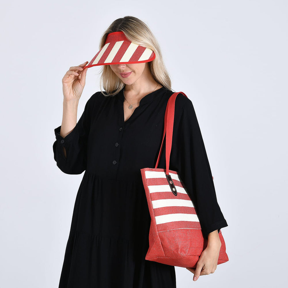 Two-Piece Set - Beach Ready Nautical Style Striped Tote Bag - Hallow Top Sun Hat - Red