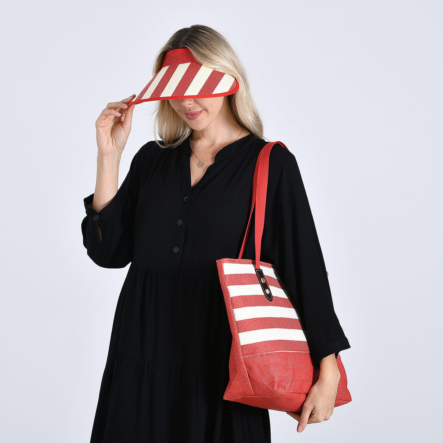Two-Piece Set - Beach Ready Nautical Style Striped Tote Bag - Hallow Top Sun Hat - Red