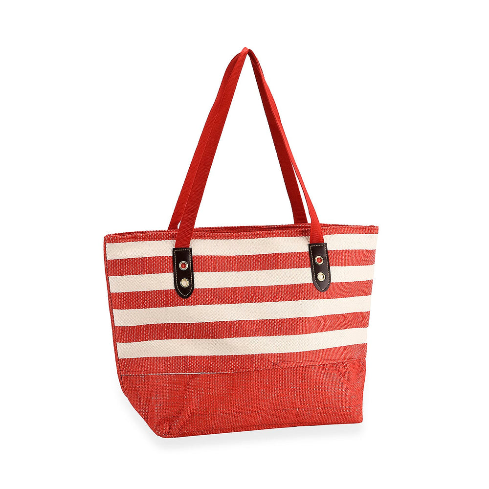 Two-Piece Set - Beach Ready Nautical Style Striped Tote Bag - Hallow Top Sun Hat - Red