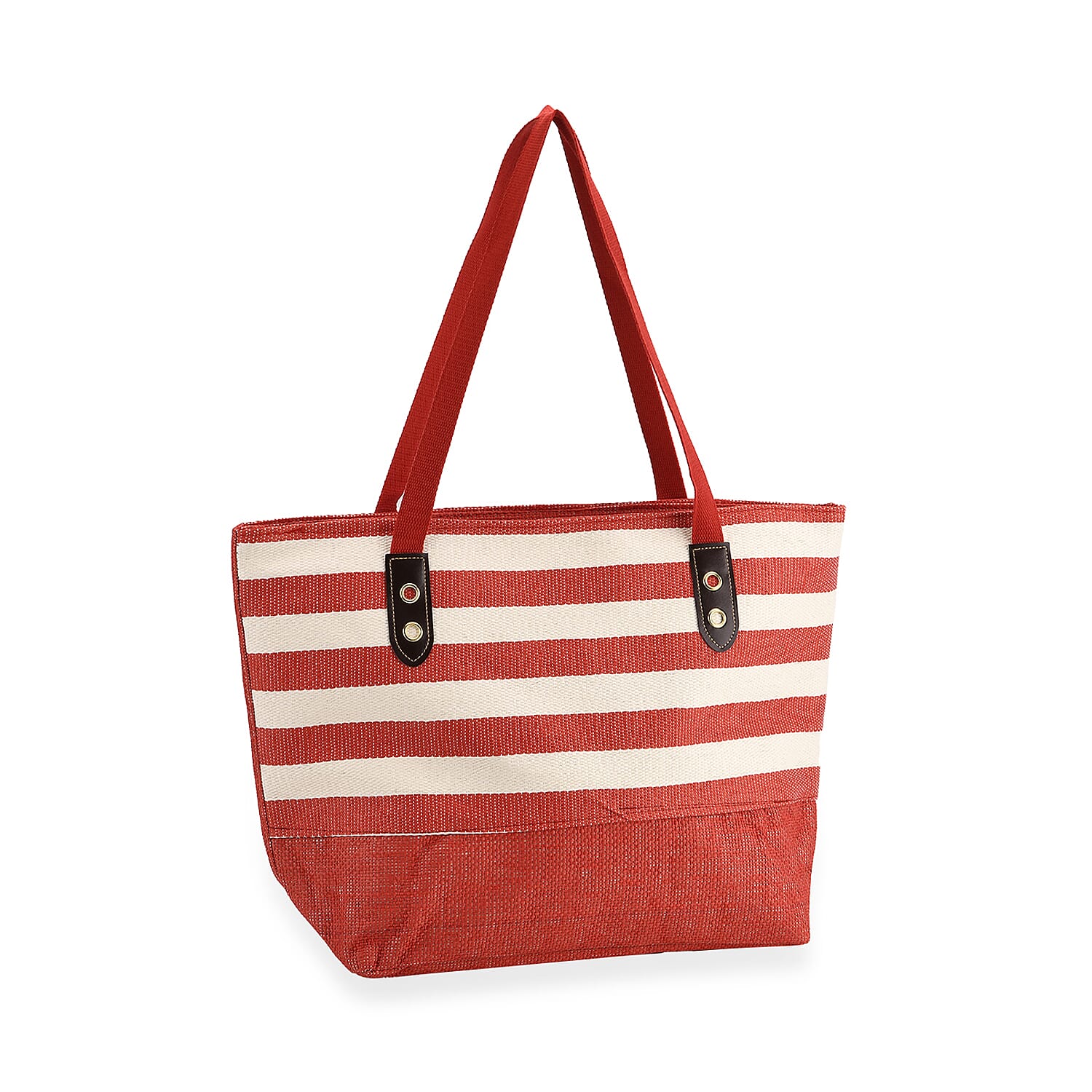 Two-Piece Set - Beach Ready Nautical Style Striped Tote Bag - Hallow Top Sun Hat - Red