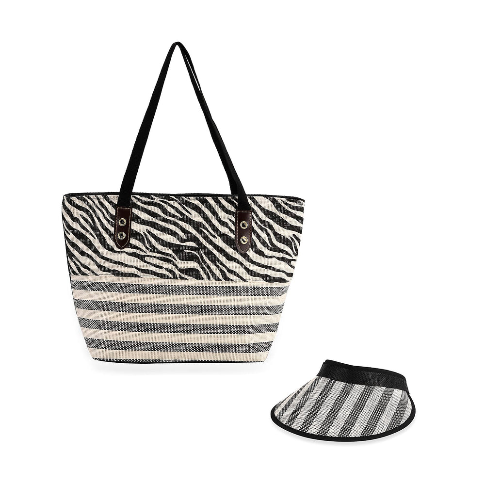 Two-Piece Set - Beach Ready Nautical Style Zebra - Strip Pattern Tote Bag with Hallow Top Sun Hat - Black