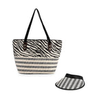 Two-Piece Set - Beach Ready Nautical Style Zebra - Strip Pattern Tote Bag with Hallow Top Sun Hat - Black