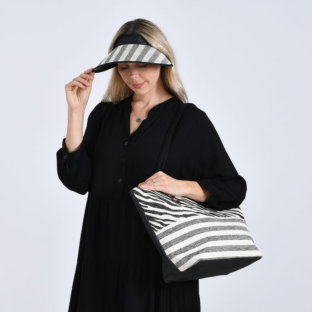 Two-Piece Set - Beach Ready Nautical Style Zebra - Strip Pattern Tote Bag with Hallow Top Sun Hat - Black