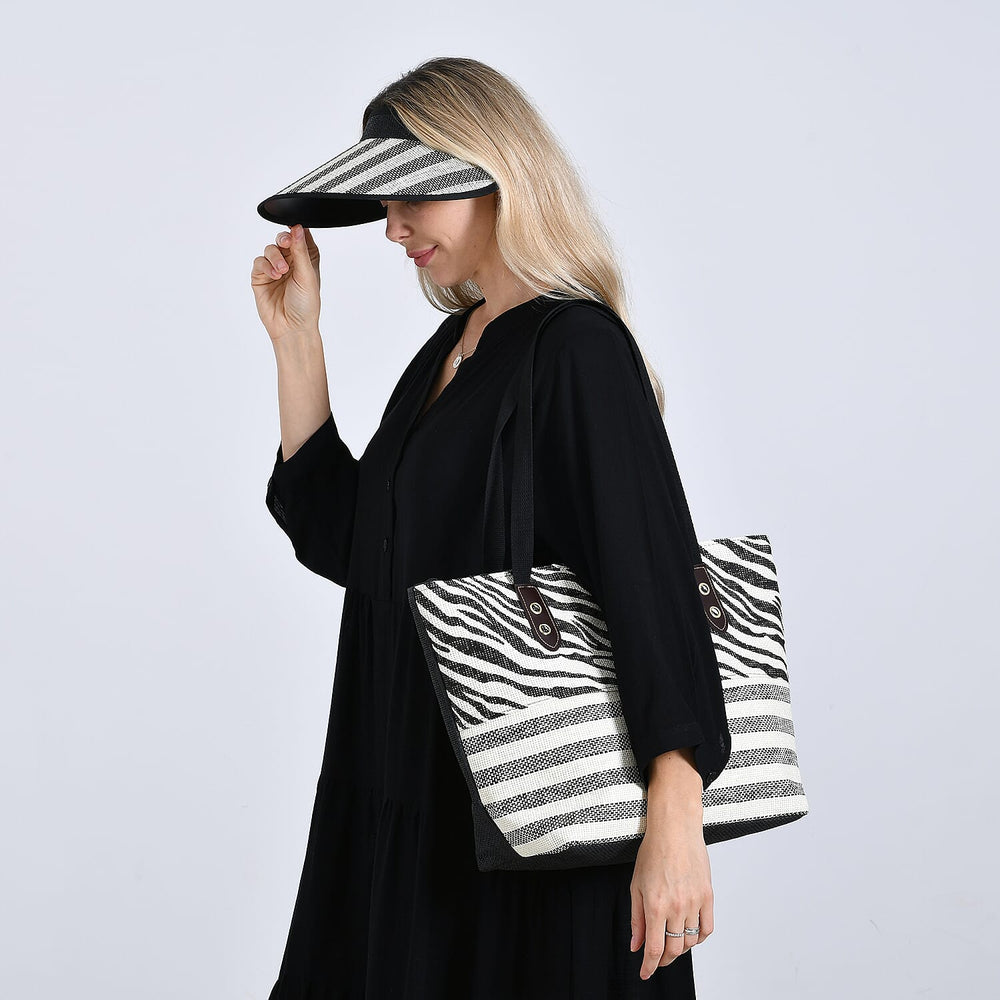 Two-Piece Set - Beach Ready Nautical Style Zebra - Strip Pattern Tote Bag with Hallow Top Sun Hat - Black