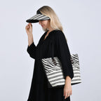 Two-Piece Set - Beach Ready Nautical Style Zebra - Strip Pattern Tote Bag with Hallow Top Sun Hat - Black