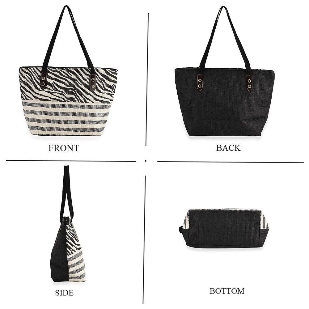 Two-Piece Set - Beach Ready Nautical Style Zebra - Strip Pattern Tote Bag with Hallow Top Sun Hat - Black