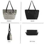 Two-Piece Set - Beach Ready Nautical Style Zebra - Strip Pattern Tote Bag with Hallow Top Sun Hat - Black