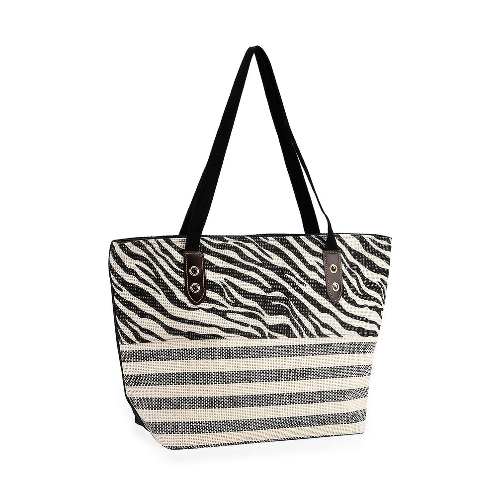 Two-Piece Set - Beach Ready Nautical Style Zebra - Strip Pattern Tote Bag with Hallow Top Sun Hat - Black
