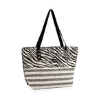 Two-Piece Set - Beach Ready Nautical Style Zebra - Strip Pattern Tote Bag with Hallow Top Sun Hat - Black