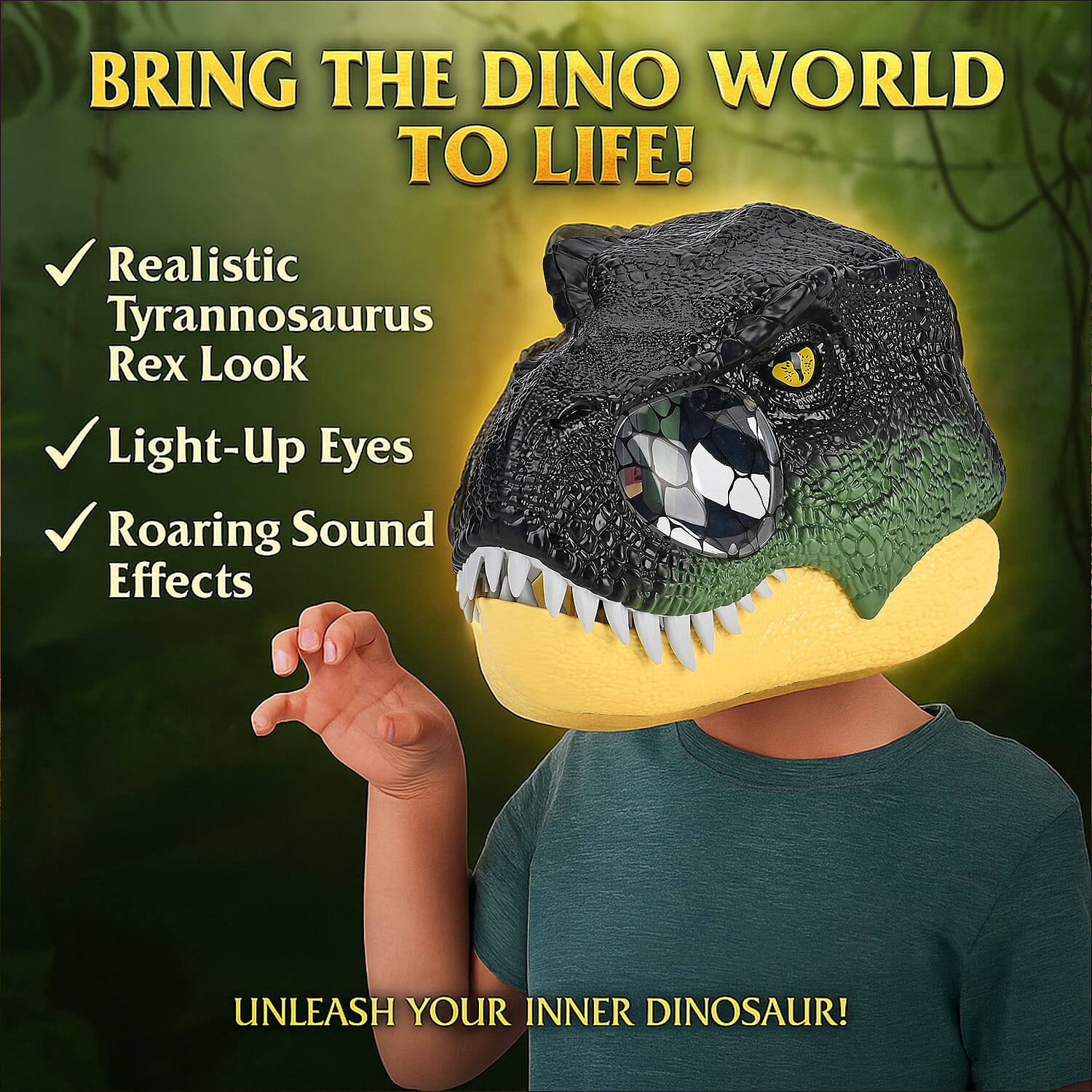 Tyrannosaurus Rex Dinosaur Mask with Light-Up Eyes and Sound Effects  - Green