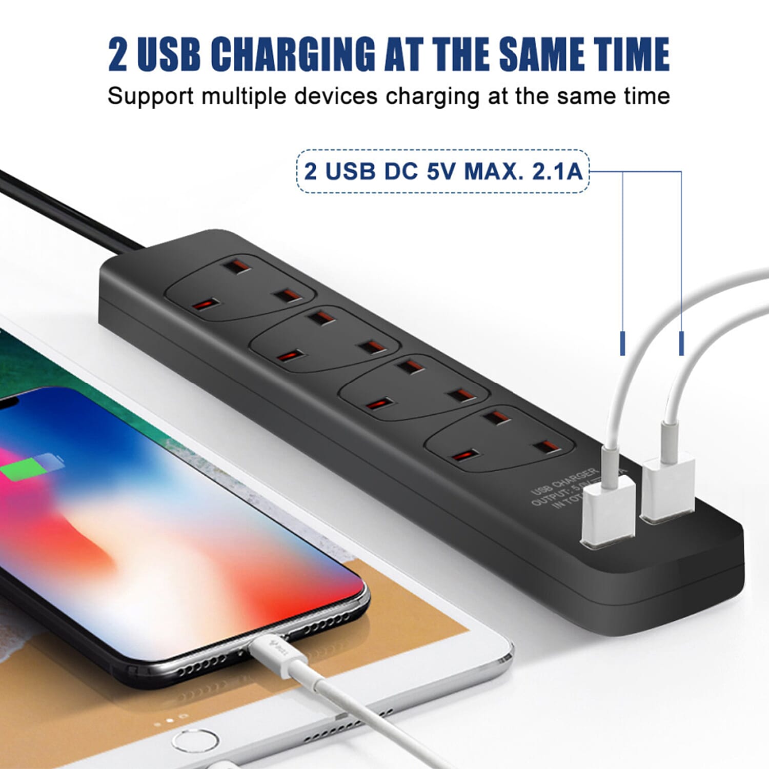 ONE TIME CLOSEOUT - UK Plug Extension Board with 4 Plug Support and 2 USB Point Support - 3m Cable