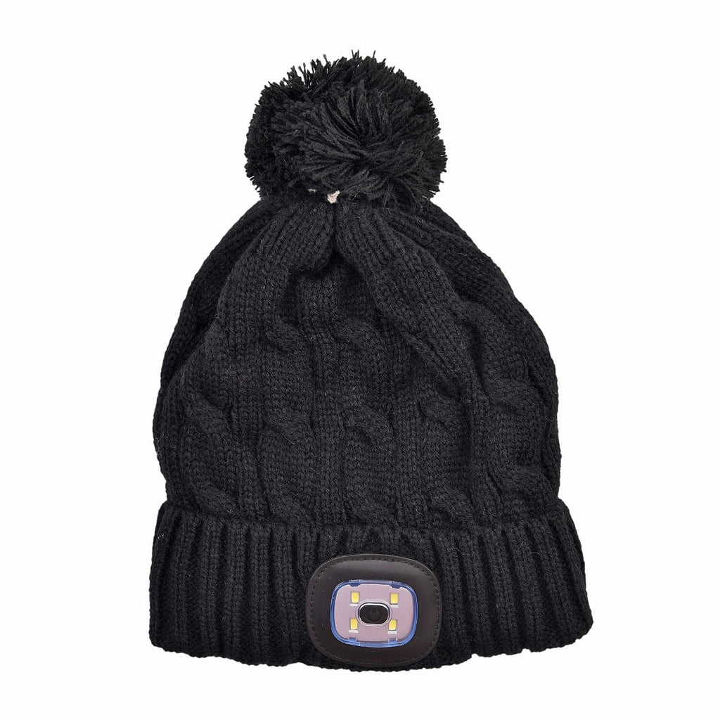 USB Rechargeable Waterproof LED Lighted Bobble Hat with Sherpa Lining - Black