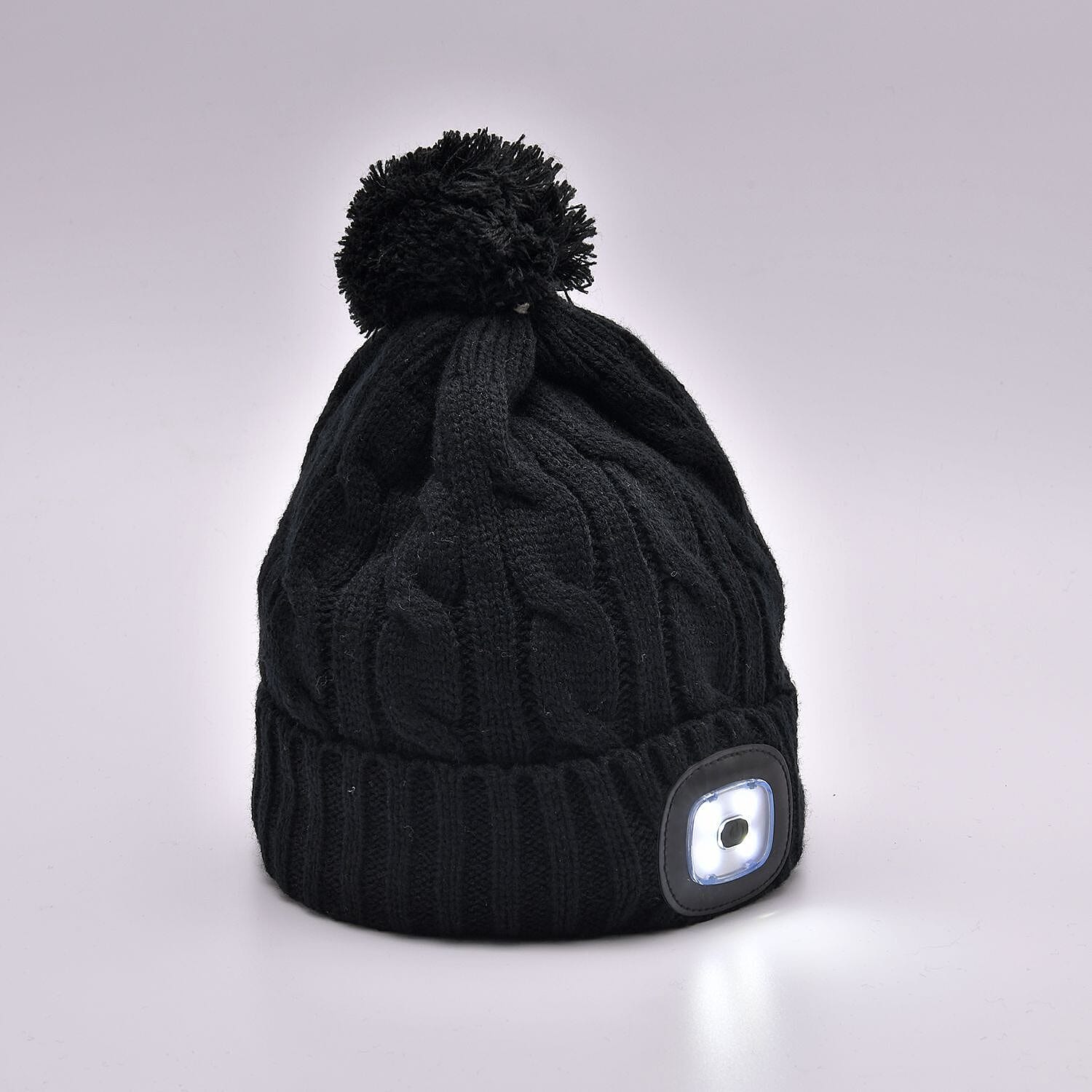 USB Rechargeable Waterproof LED Lighted Bobble Hat with Sherpa Lining - Black