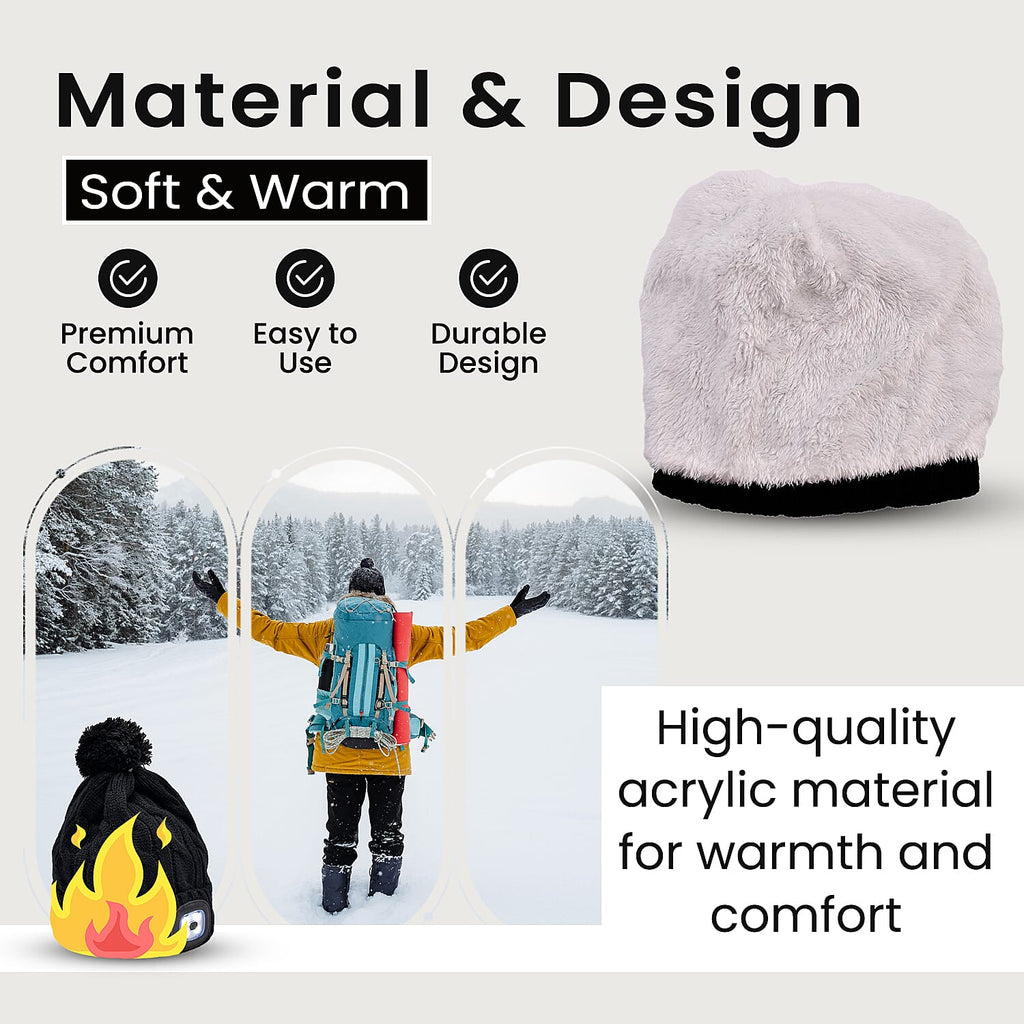 USB Rechargeable Waterproof LED Lighted Bobble Hat with Sherpa Lining - Black