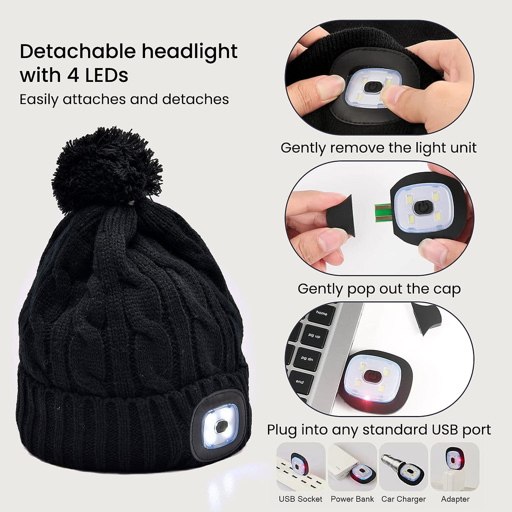 USB Rechargeable Waterproof LED Lighted Bobble Hat with Sherpa Lining - Black