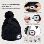 USB Rechargeable Waterproof LED Lighted Bobble Hat with Sherpa Lining - Black