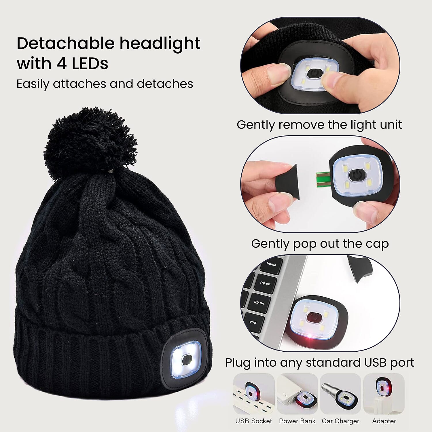 USB Rechargeable Waterproof LED Lighted Bobble Hat with Sherpa Lining - Black