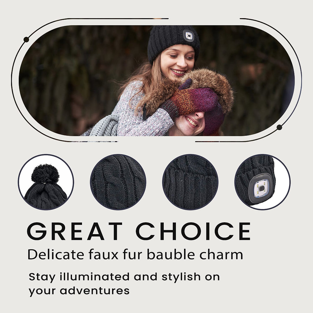 USB Rechargeable Waterproof LED Lighted Bobble Hat with Sherpa Lining - Black